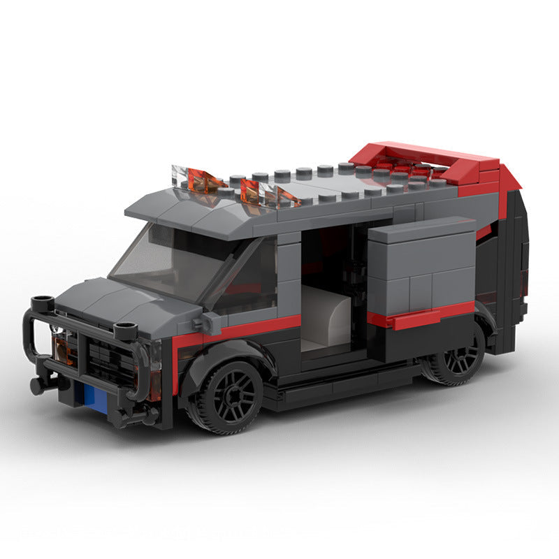 Toy truck model made of interlocking bricks on a white background