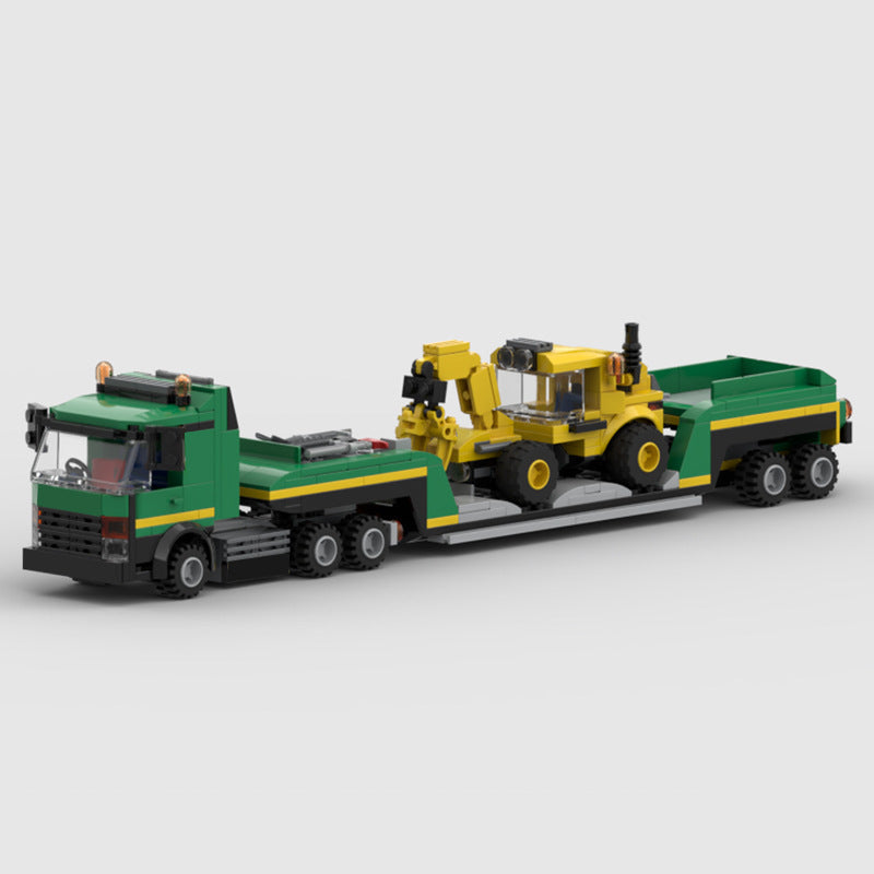 Toy truck with a large yellow bulldozer on a white background